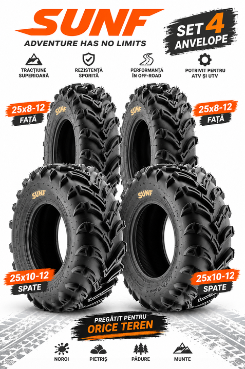 Set 4 Anvelope ATV 25x8-12 + 25x10-12 6PR - Noroi, Zăpadă, Off-Road, SUNF A024