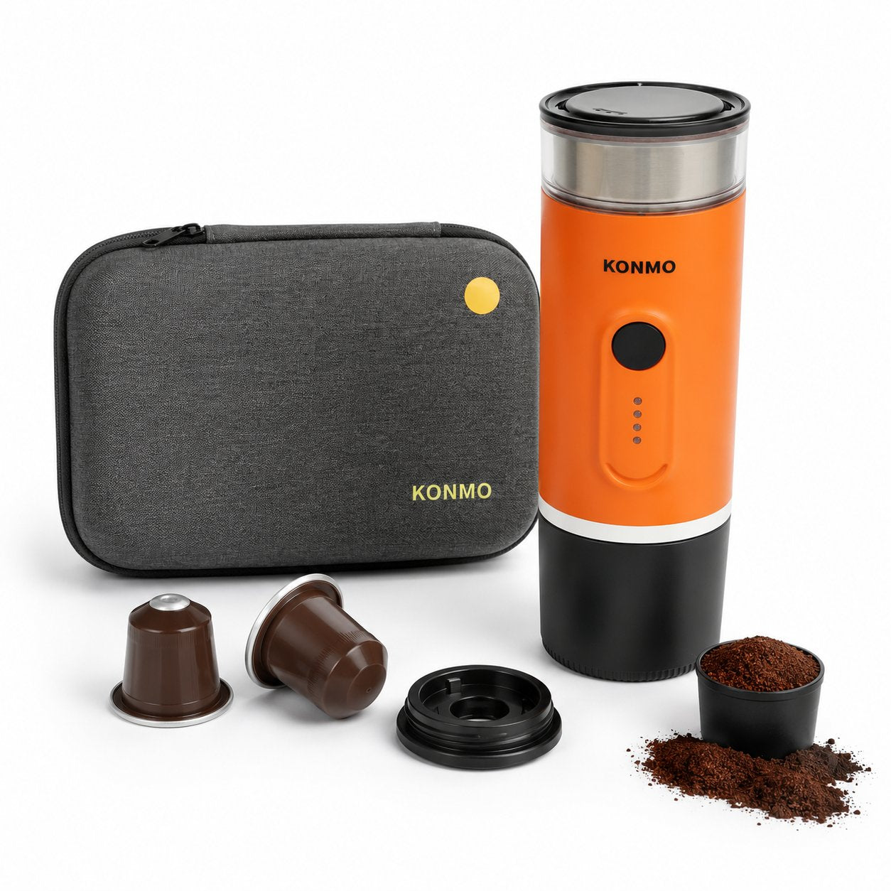 Aparat de cafea portabil 3 in 1 cu acumulator 9000mAh, 12V, 140W, incalzire apa, presiune 15 bar, rezervor apa 90ml, cafea macinata, capsule Nespresso