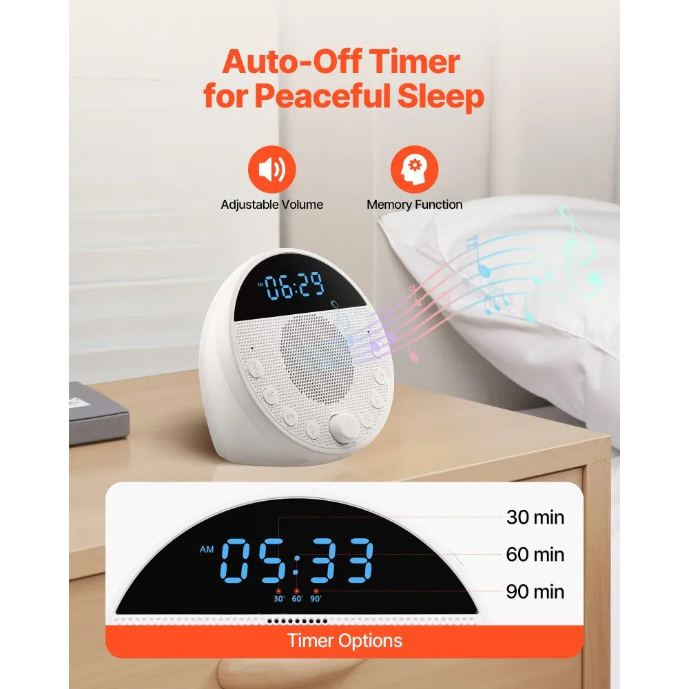 Aparat Sunete pentru Somn 5 in 1- 18 Sunete Relaxante, Lumină de Veghe 7 Culori, Ceas cu 2 Alarme, Timer și Funcție Memorie