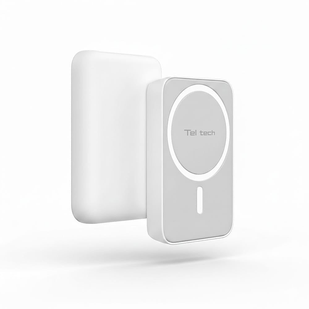 Baterie Externă Magnetică Teltech MagSafe 10000mAh, Încărcare Wireless 15W, USB-C, Power Bank Fast Charge, Alb