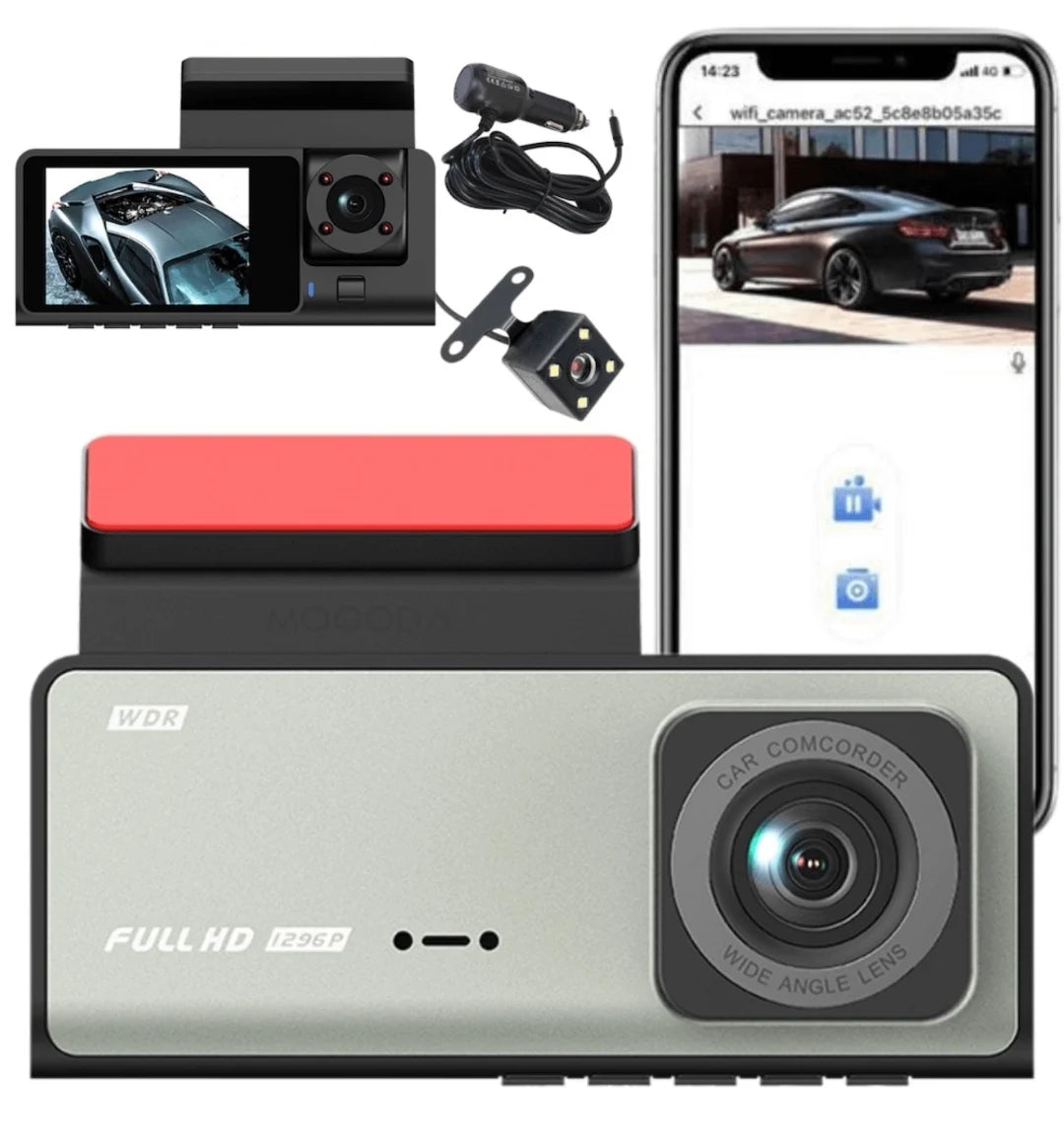 Camera de Bord Auto Tripla WiFi, Full HD, Unghi 170 , Gri, 3in1, Camera fata + spate +interior