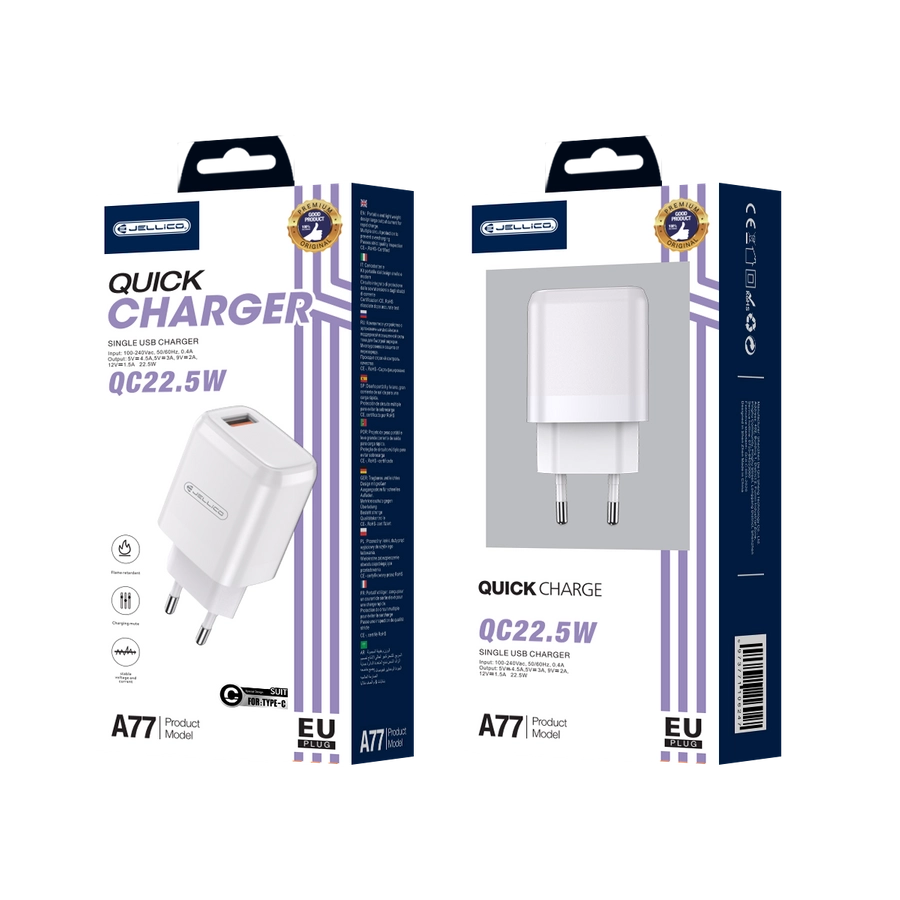 Pachet 10buc Incarcator cu cablu Type C PD 22.5W, A77 , White QC3.0