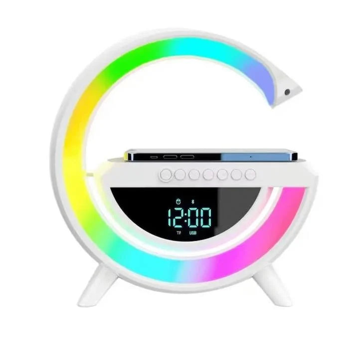 Incarcator Wireless cu difuzor bluethoot, lumini RGB si ceas alarma
