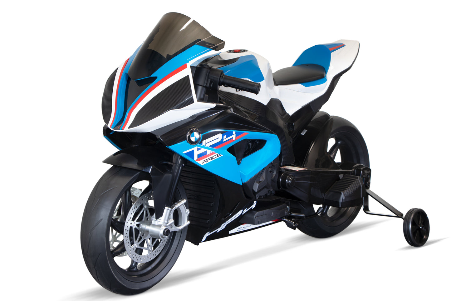 Motocicleta electrica copii BMW HP4 12V 90W, roti EVA, scaun piele, lumini LED, albastru
