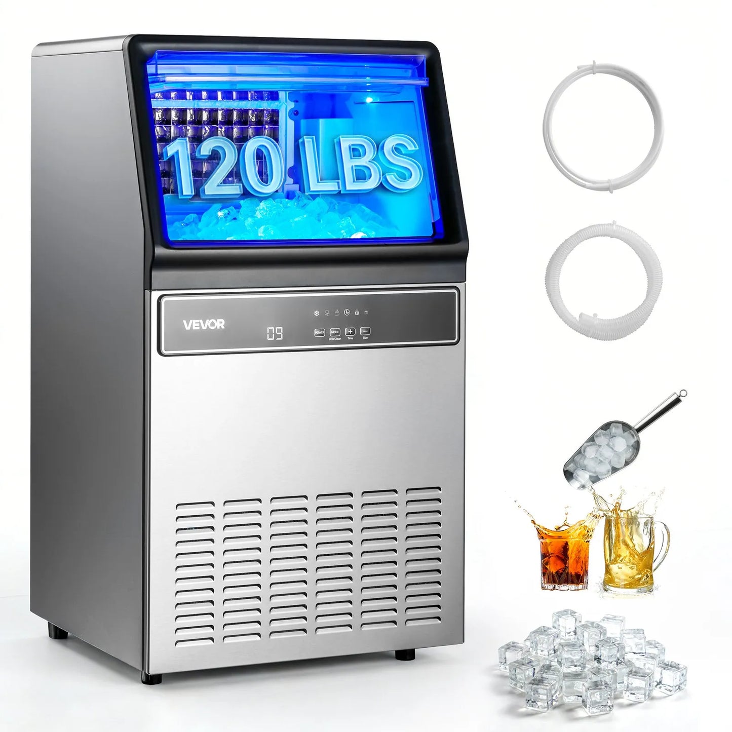 Mașină Profesională de Făcut Gheață 59Kg 24h, Rezervor 15Kg, 45 Cuburi Ciclu, Autocurățare, Display LED, Inox
