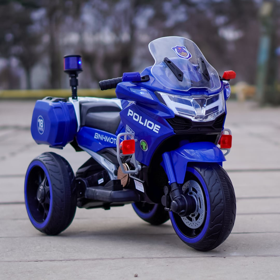Motocicleta electrica copii 3 roti Police 60W 6V, scaun piele, MP3, lumini LED, albastru