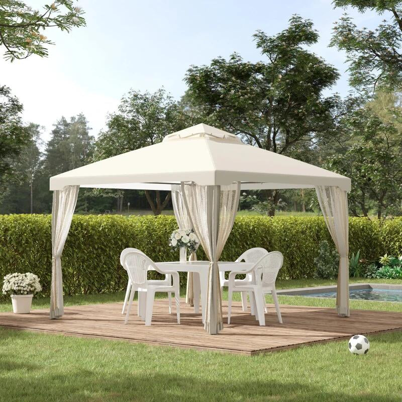 Pergola Pavilion foisor pentru gradina terasa, cadru metalic, cu plasa anti tantari, bej, 2.95x2.95x2.63 m