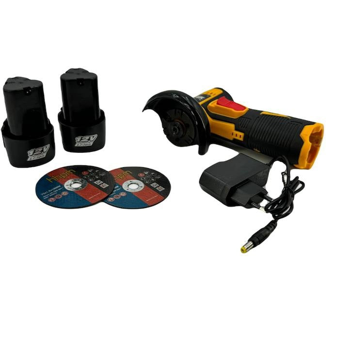Mini polizor flex Pexor 20 cm, 2 Acumulatori 12V, Discuri incluse, Lada depozitare, Negru Portocaliu