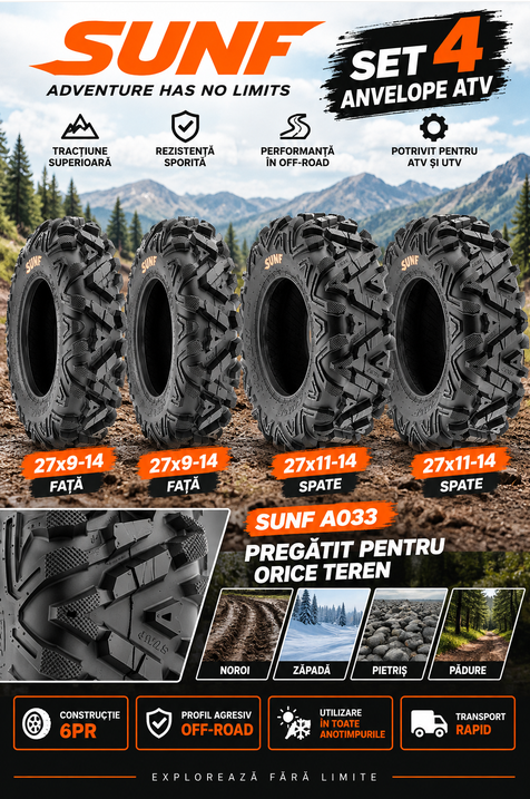 Set 4 Anvelope ATV 27x9-14 + 27x11-14 6PR - Noroi, Zăpadă, Off-Road, SUNF A033