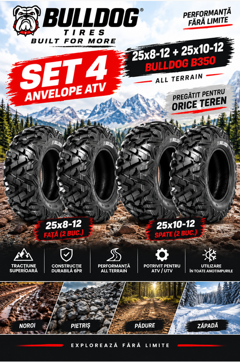 Set 4 Anvelope ATV 25x8-12 + 25x10-12 6PR - All Terrain, Noroi, Bulldog B350