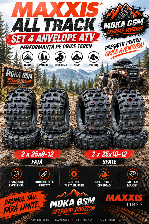 Set 4 Anvelope ATV Maxxis All Track 25x8-12 + 25x10-12 R12 - Față + Spate, Off-Road, Noroi, Nisip