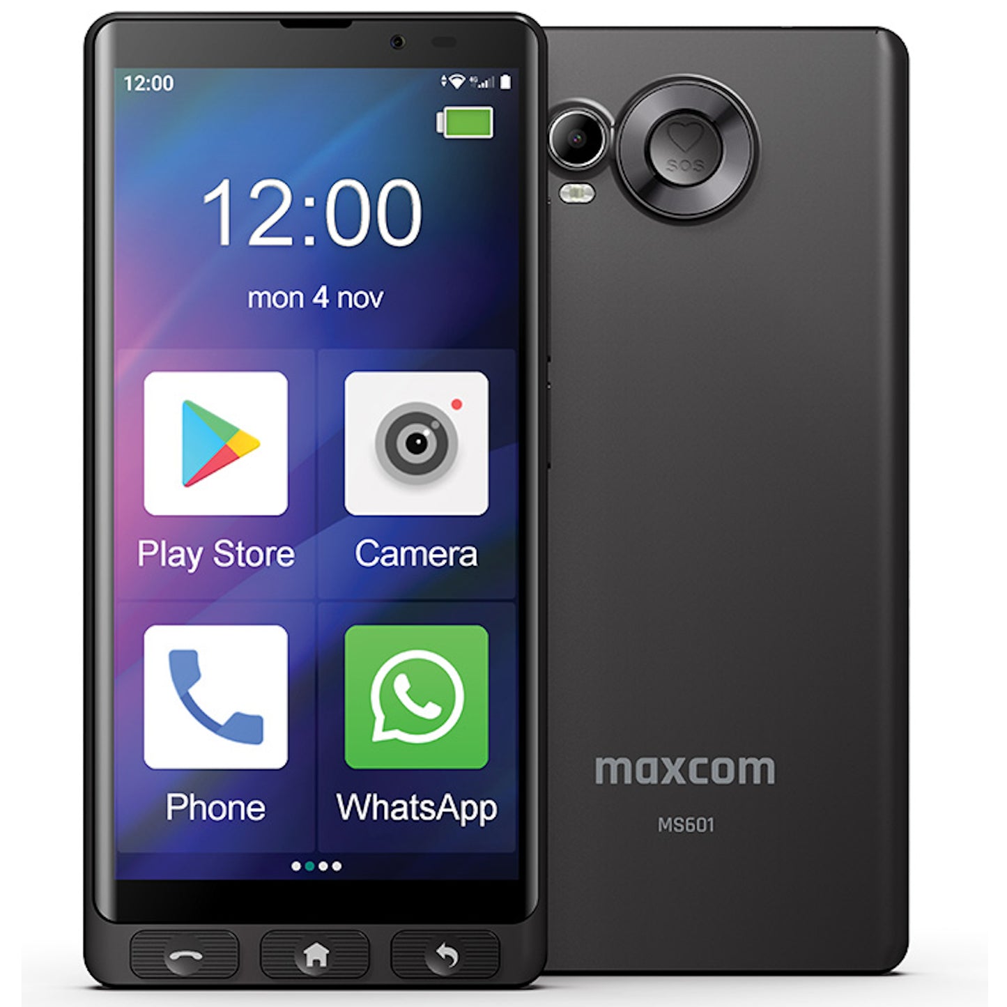 Telefon pentru Seniori Maxcom Smart MS601 4G Dual SIM, 64GB, 4GB RAM, Meniu Simplificat cu Icoane Mari, Android, Stație de Încărcare Desktop, Negru