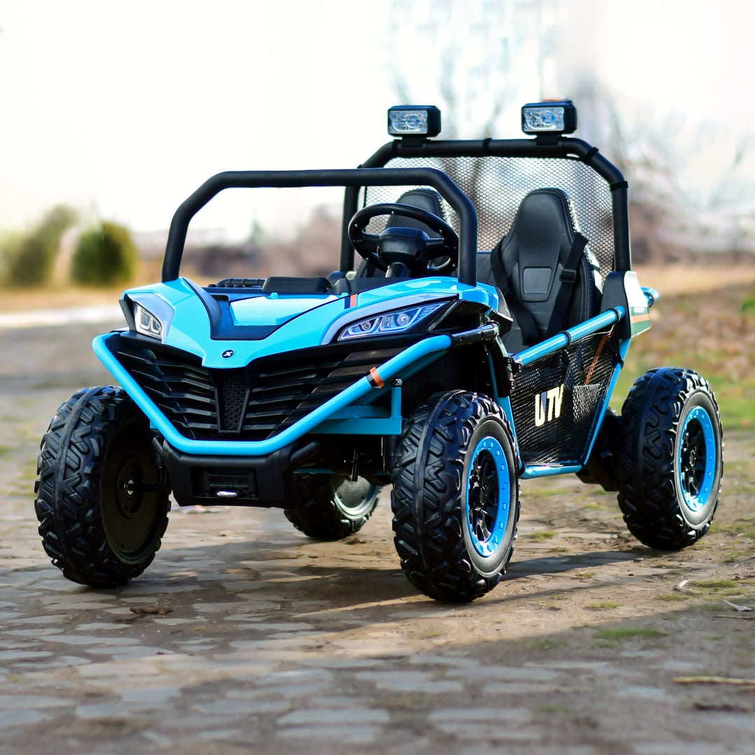 UTV electric copii 2 locuri 12V 200W, roti EVA, telecomanda, scaune piele, buggy electric albastru