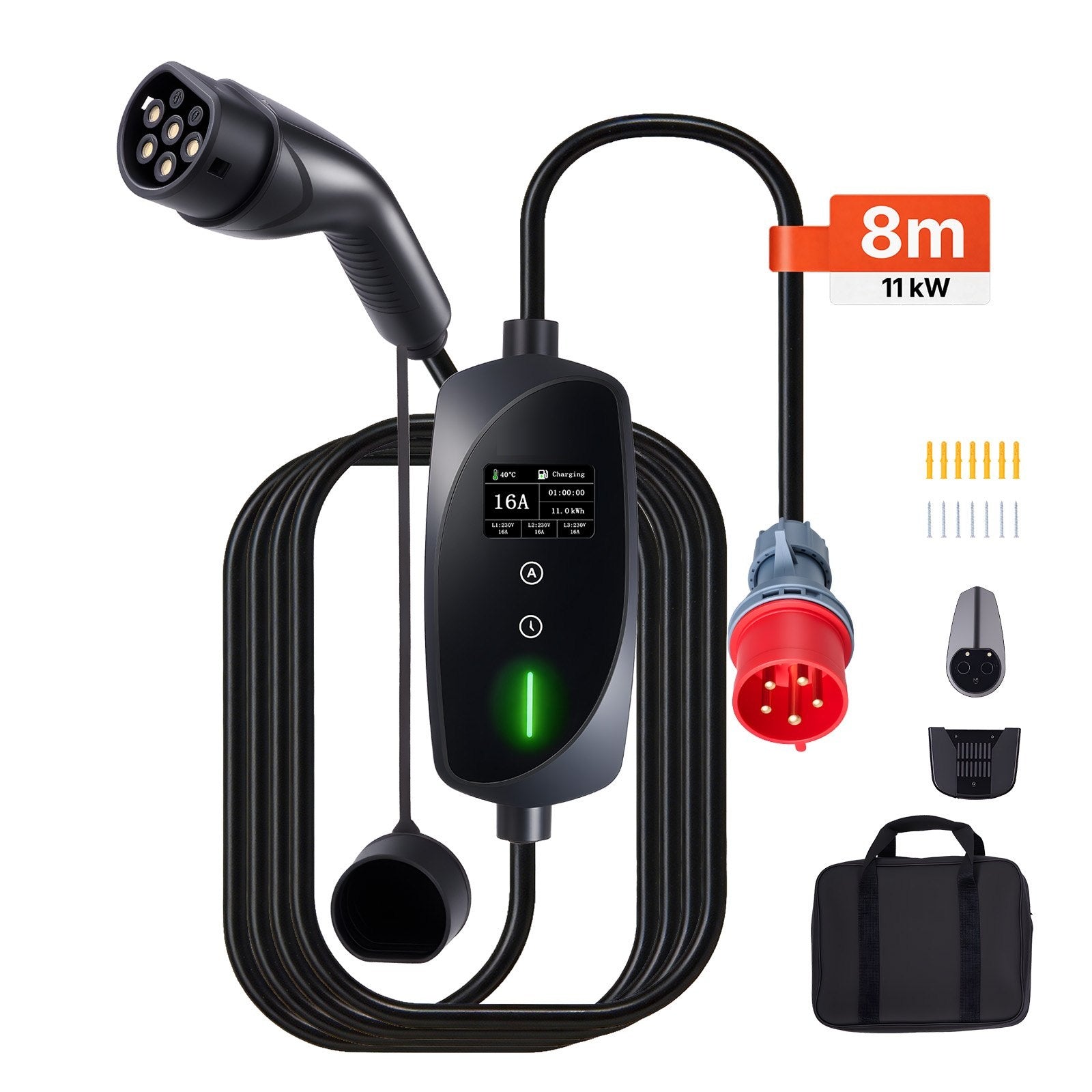 Stație Încărcare Mașini Electrice 11kW Trifazată Tip 2, Portabilă, Cablu 8m, CEE16, IP66