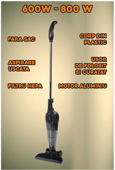 Aspirator vertical 2 in 1 HAUSBERG HB-2025NG, fara sac, aspirare uscata, filtru Hepa, 0.5 L, 600-800 W, Negru
