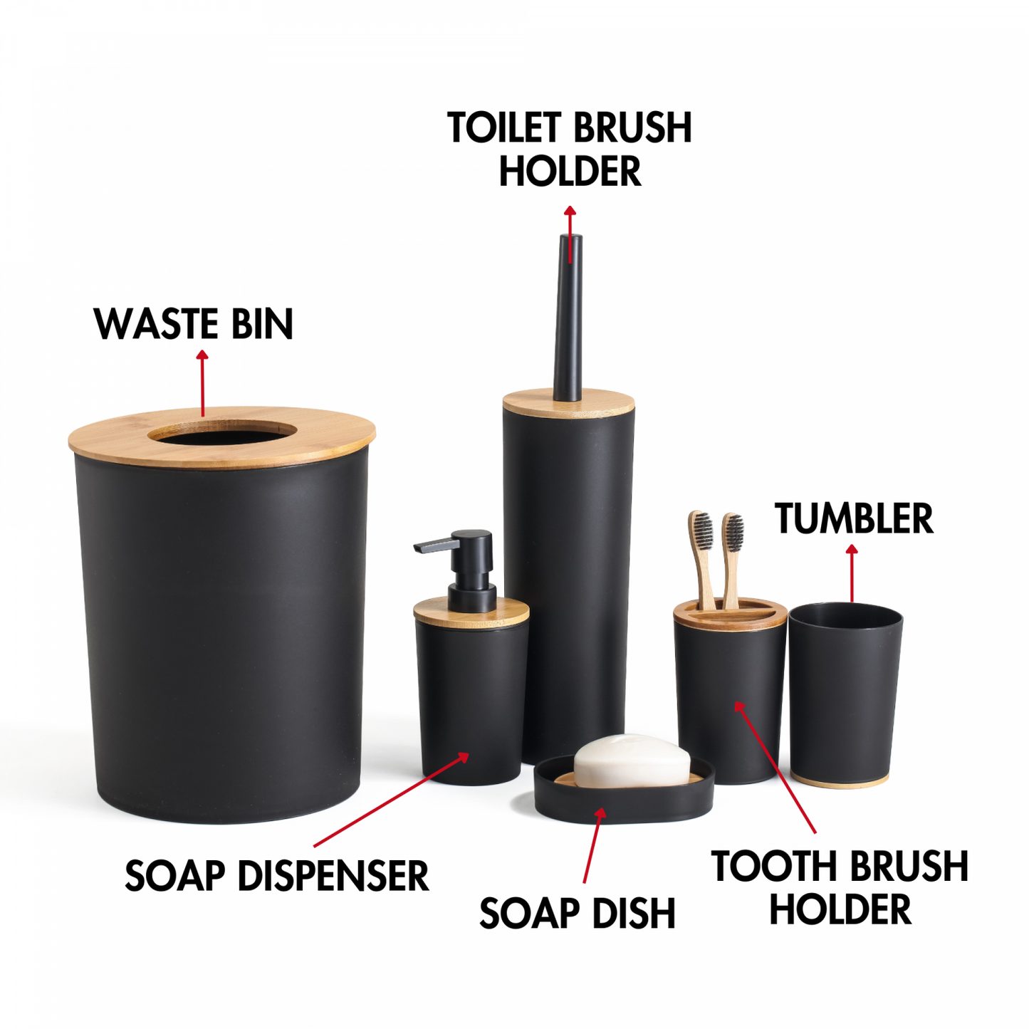 Set Baie 6 piese bambus, Negru Mat