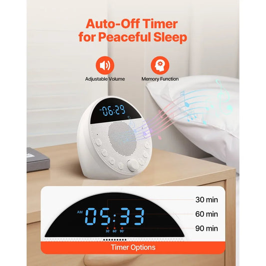 Aparat Sunete pentru Somn 5 in 1- 18 Sunete Relaxante, Lumină de Veghe 7 Culori, Ceas cu 2 Alarme, Timer și Funcție Memorie