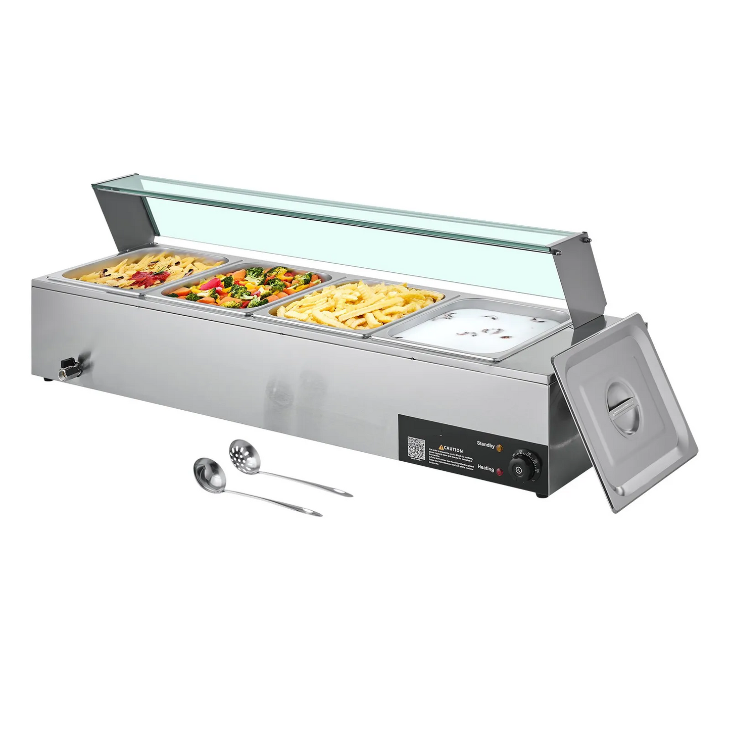 Bain Marie Profesional 1500W cu 4 Cuve GN 1 2 și Protecție din Sticlă - Vitrină Caldă pentru Restaurant, Catering și Fast Food