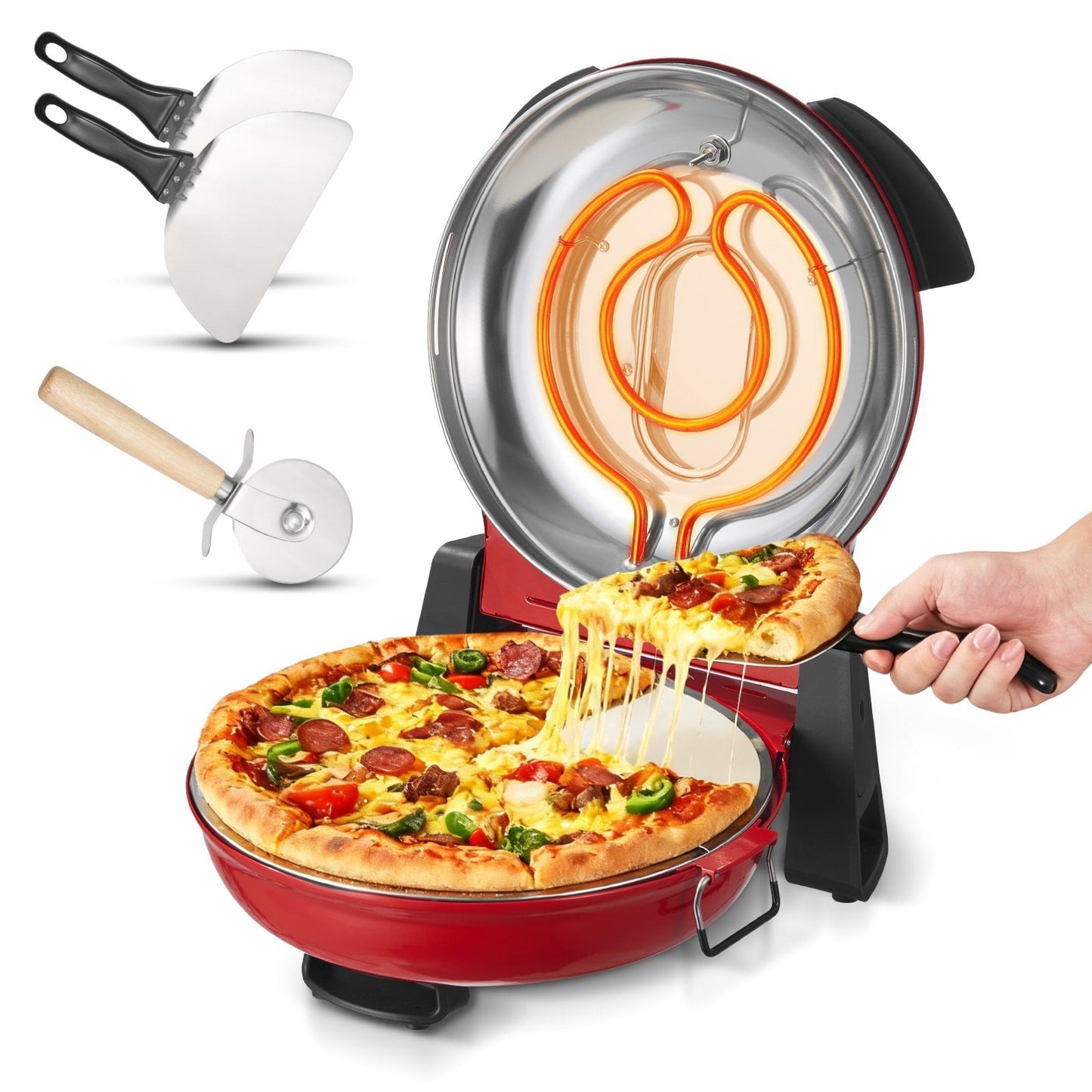 Cuptor de pizza, aparat electric de pizza de 304,8 mm, aparat electric de gatit pizza de 1200 W cu piatra din cordierita, control al temperaturii in 5