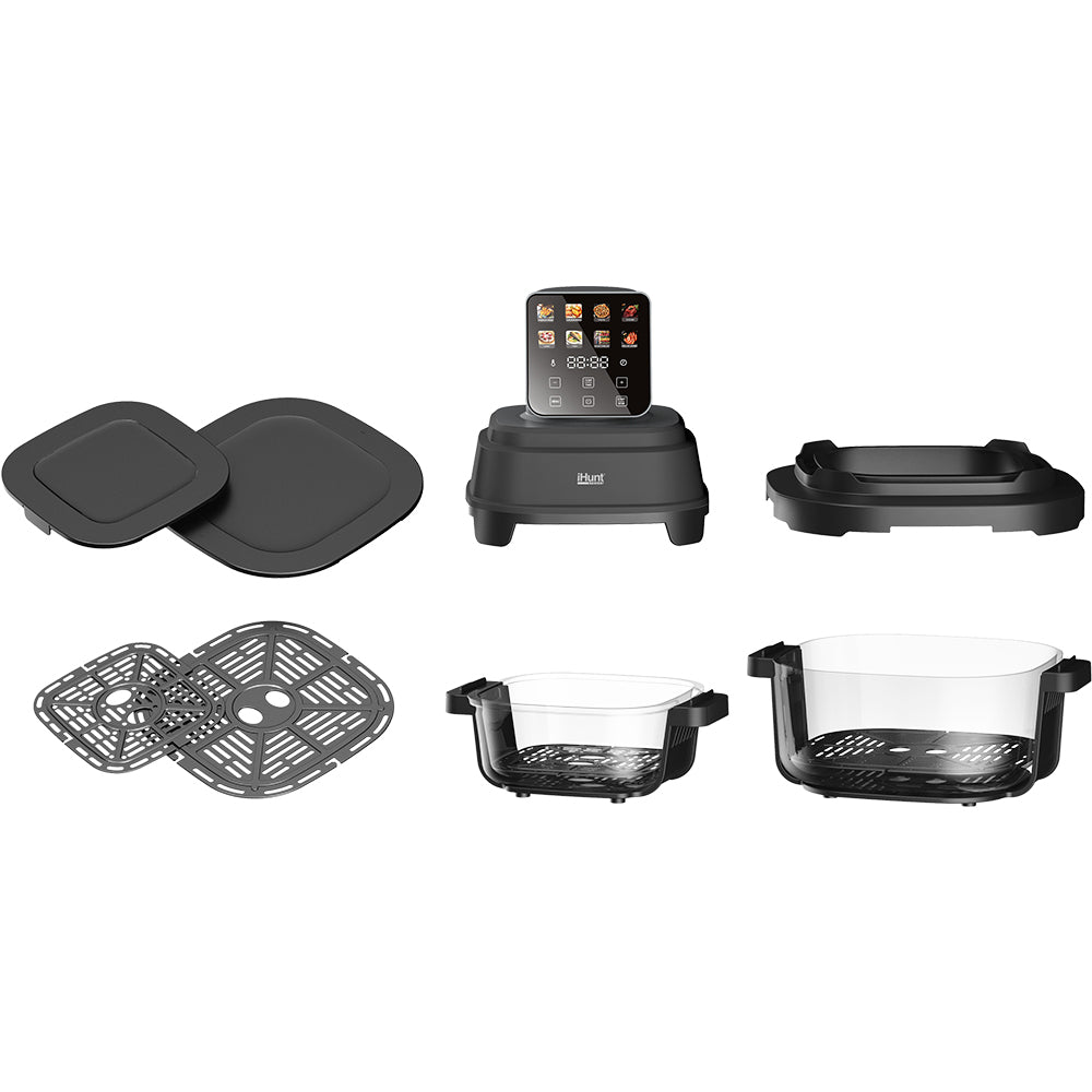 Friteuza cu Aer Cald iHunt PureGlass 8 in 1, 1500W, Sistem de Gatire cu Depozitare si Transport in Acelasi Vas, 2 Recipiente Modulare din Sticla