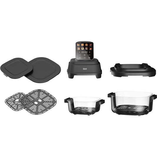 Friteuza cu Aer Cald iHunt PureGlass 8 in 1, 1500W, Sistem de Gatire cu Depozitare si Transport in Acelasi Vas, 2 Recipiente Modulare din Sticla