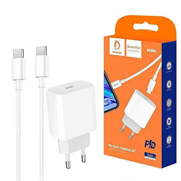 Pachet Set 10buc x Incarcator Type C cu cablu Type C 3.6A, 20w, PD, Alb,Denmen