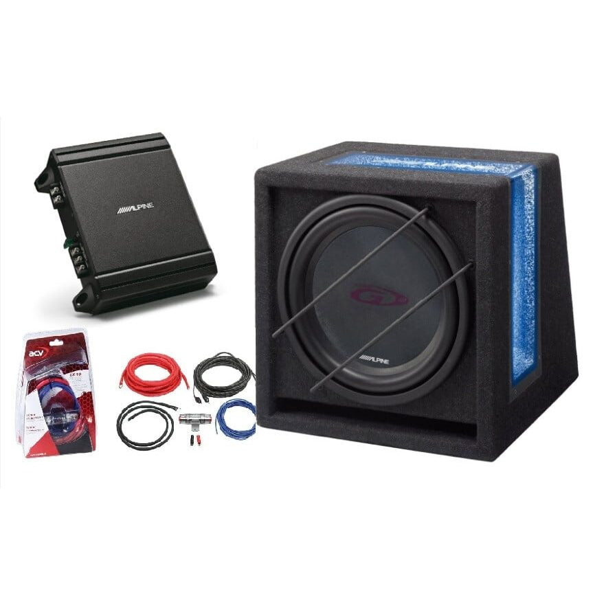 Subwoofer auto cu amplificator si cabluri, 25cm, Amplificator auto Mono 550w