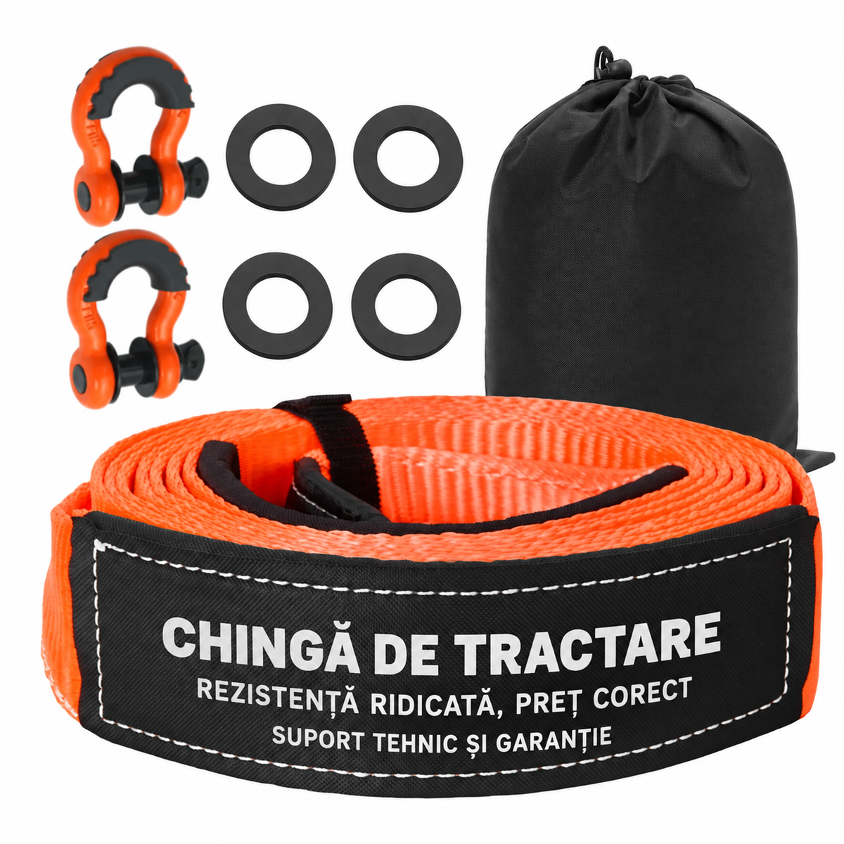 Kit chingă tractare off-road 6,1 m x 76 mm, cu 2 ocheți și geantă