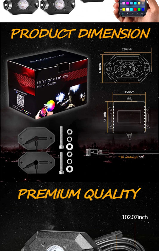 Kit lumini sub masina, Rock Lights, 8 module, cu aplicatie telefon si telecomanda , Maverick, Rzr, Can am, Polaris, Cf Moto, Segway - Copie