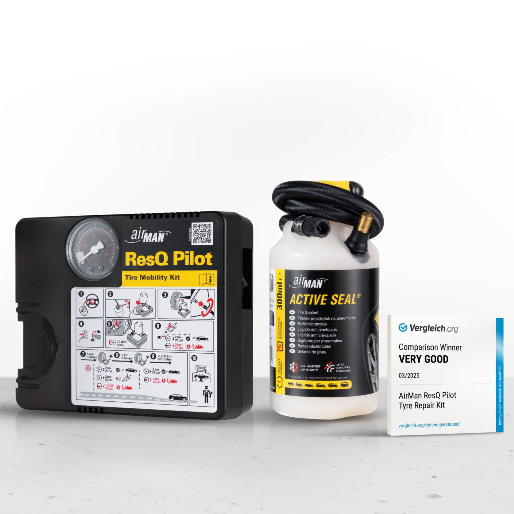 Kit reparație pană AirMan ResQ Pilot, compresor 12 V și soluție 300 ml