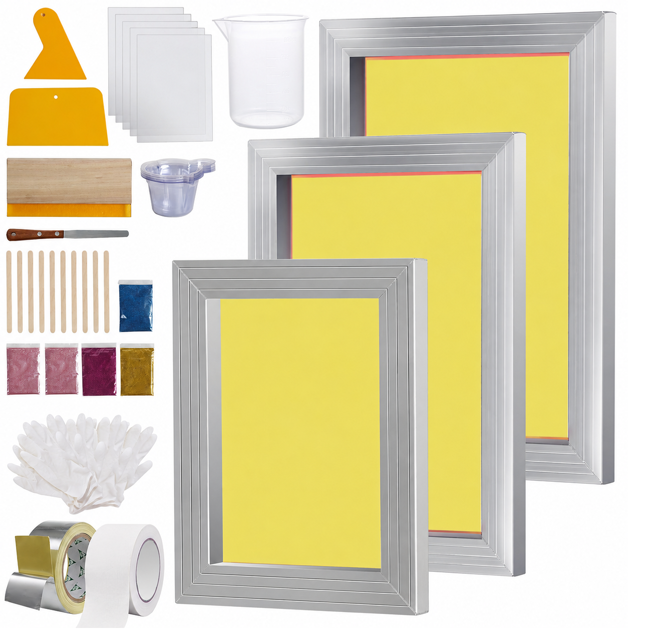Kit Serigrafie 3 Rame Aluminiu 110 Mesh, 15.2x25.4   20.3x30.5   25.4x35.6 cm, Racletă și Accesorii