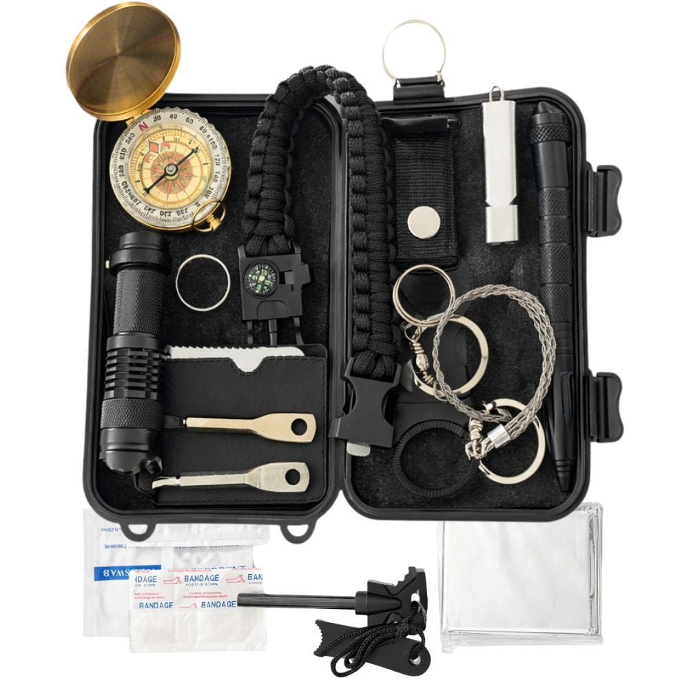Kit Supravietuire 35 in 1 Profesional   Trusa Survival Militara Outdoor in Cutie   Bushcraft, Camping, Drumetii, EDC