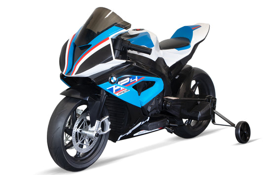 Motocicleta electrica copii BMW HP4 12V 90W, roti EVA, scaun piele, lumini LED, albastru
