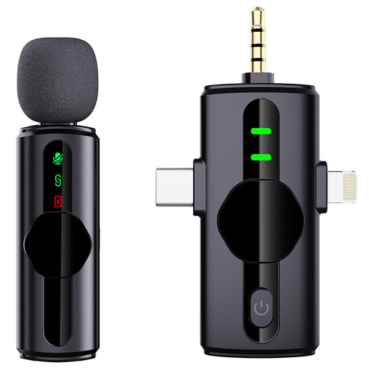 Microfon Lavalieră Wireless 3 în 1 pentru iPhone, Android, USB-C, Lightning, Jack 3.5mm, Noise Reduction