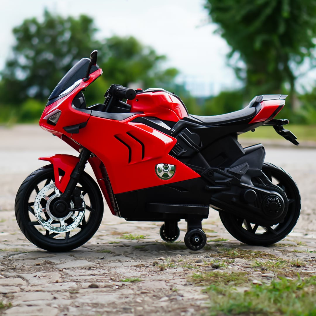 Motocicleta electrica copii 12V 70W, roti EVA, Bluetooth, roti ajutatoare, lumini LED, rosu
