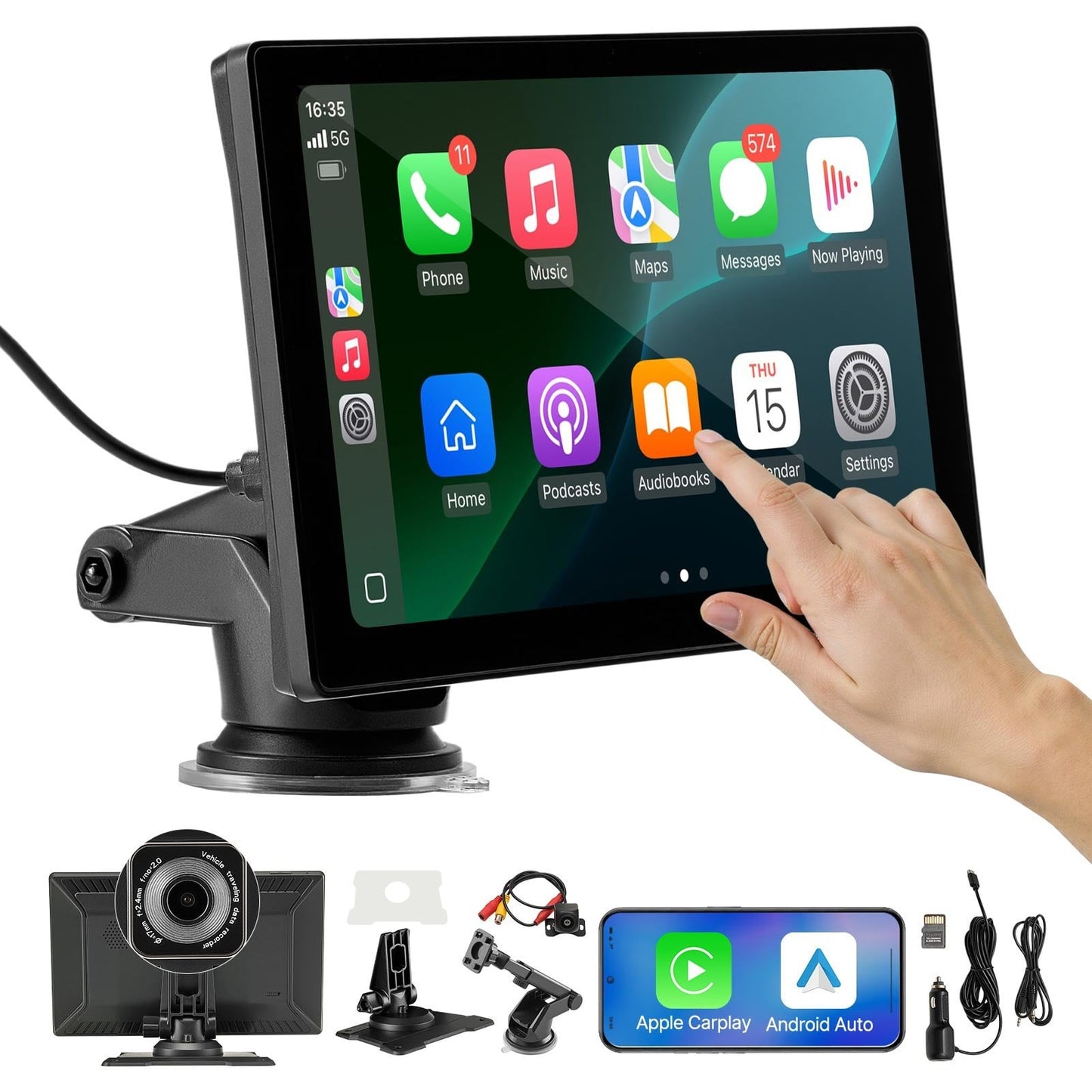Navigație Auto 9 Inch Android Auto  Apple CarPlay Wireless, Ecran Tactil IPS, Bluetooth, USB, Cameră Față și Marșarier, 1 DIN Universală