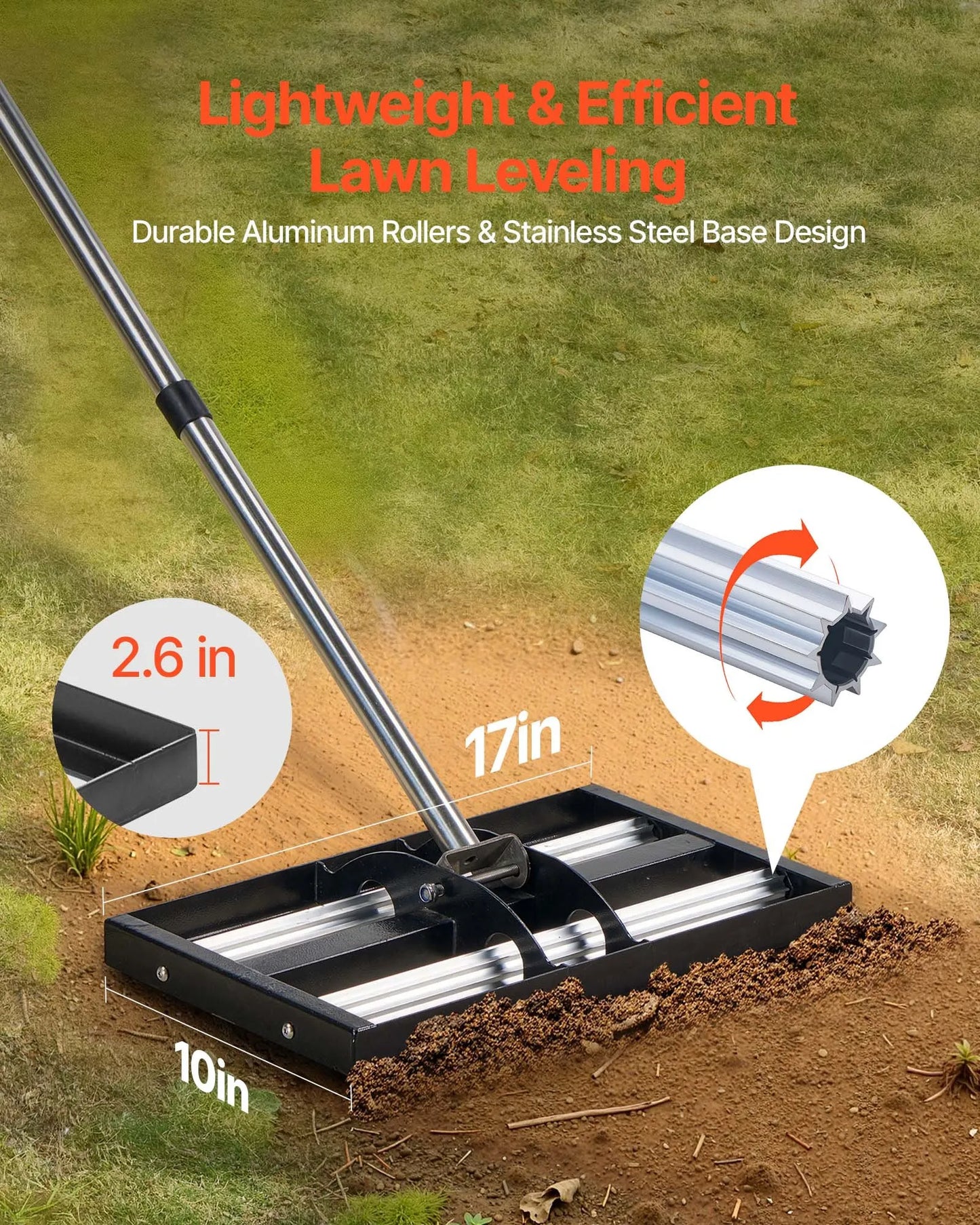 Nivelator Gazon Profesional cu Rola, 43 x 25 cm, Maner Reglabil 161 cm, Otel Inoxidabil, Unealta pentru Nivelarea Gazonului, Nisipului si