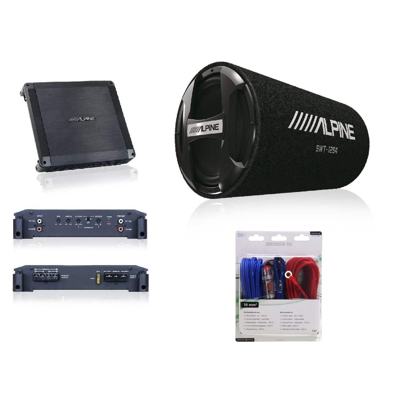 Pachet Car Audio Alpine cu Subwoofer Tub 30 cm Bass Reflex, Amplificator 2 Canale și Kit Cabluri 10 mm²