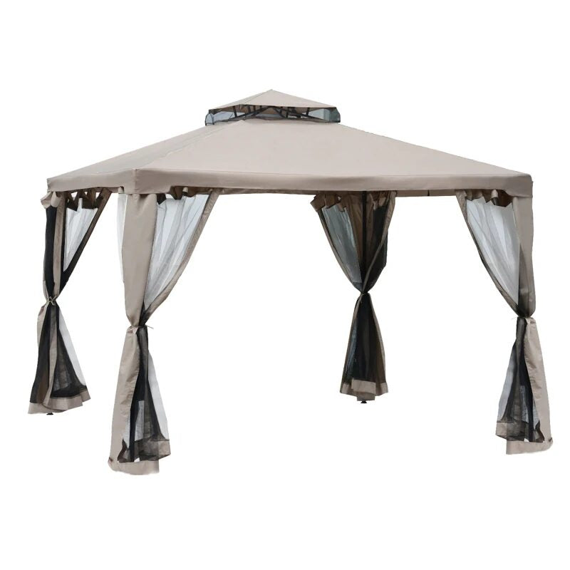 Pavilion foisor pentru gradina terasa, cadru metalic, cu perdele, cafeniu, 2.94x2.94x2.65 m, cu Plasa tantari insecte