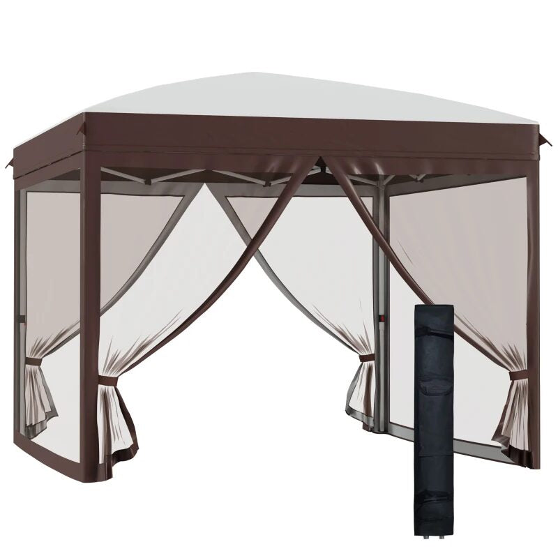 Pavilion foisor pentru gradina terasa, cadru metalic, cu plasa pentru insecte, inaltime ajustabila, maro, 3x3x2.7 m