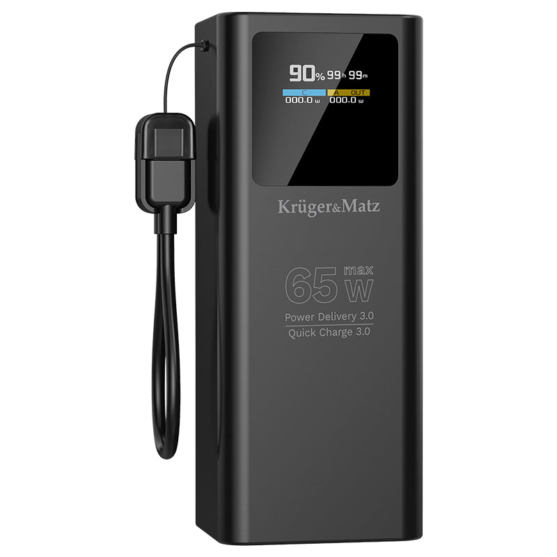 Power Bank KrugerMatz KM0914 20000 mAh 65W Power Delivery, Quick Charge 22.5W, USB-C pentru Laptop și Telefon