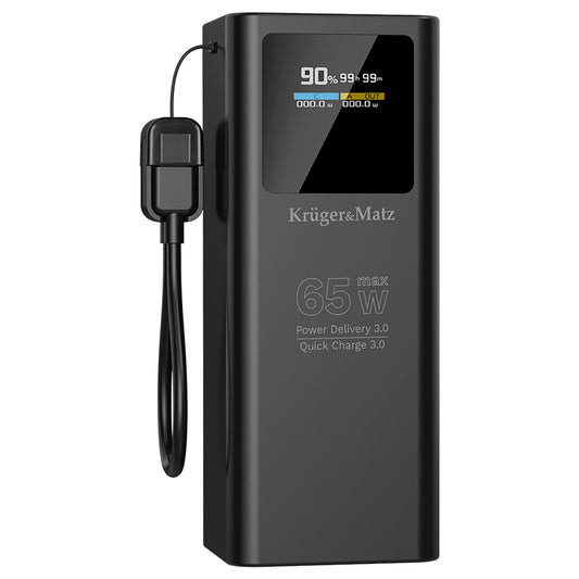 Power Bank KrugerMatz KM0914 20000 mAh 65W Power Delivery, Quick Charge 22.5W, USB-C pentru Laptop și Telefon