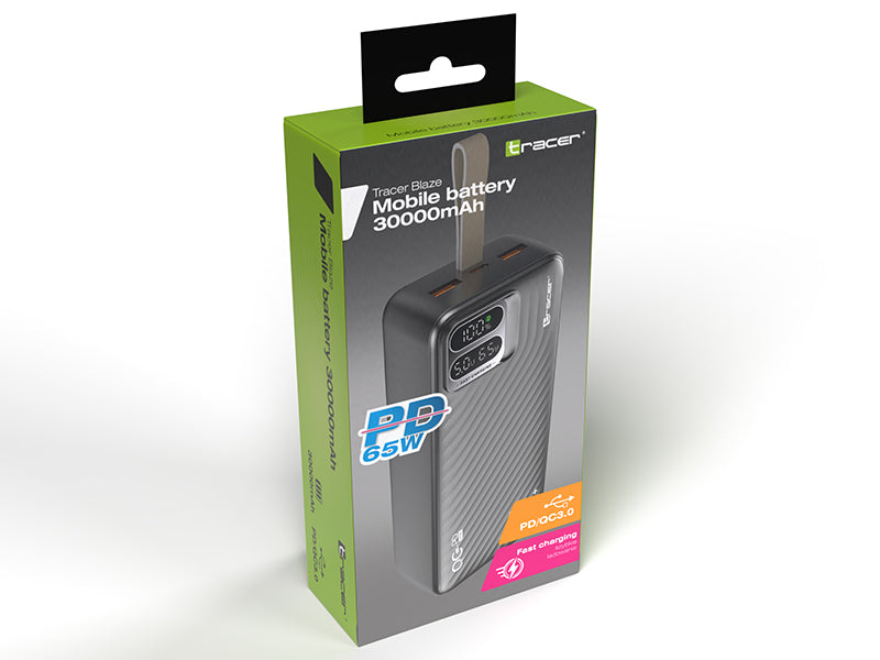 Power Bank Tracer Blaze 30000 mAh 65W PD, Quick Charge 22.5W, USB-C pentru Laptop, Telefon și Tabletă