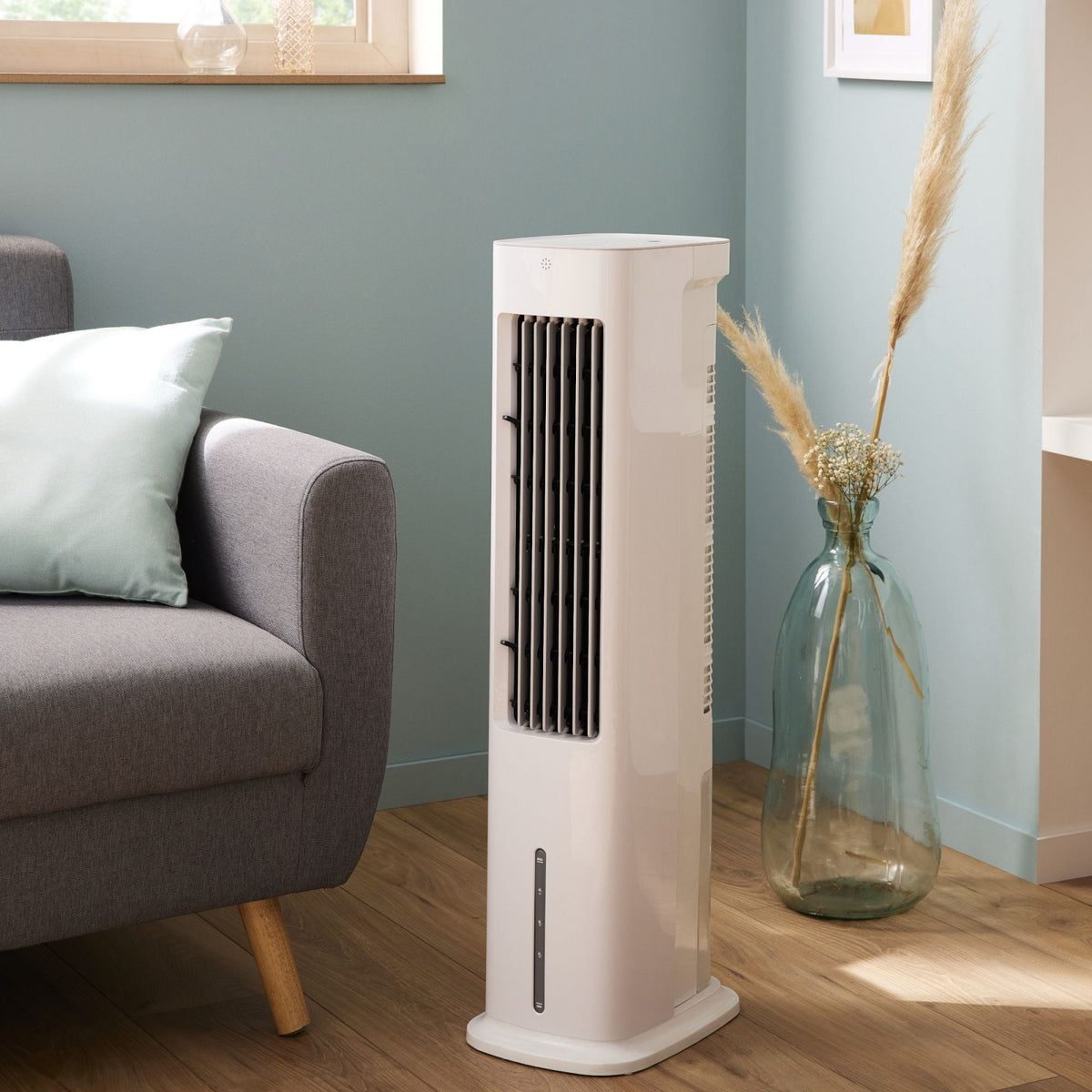 Racitor de aer turn Equation Cube, 55 W, rezervor 5 L, H 85 cm, 3 viteze, alb  Ventilator