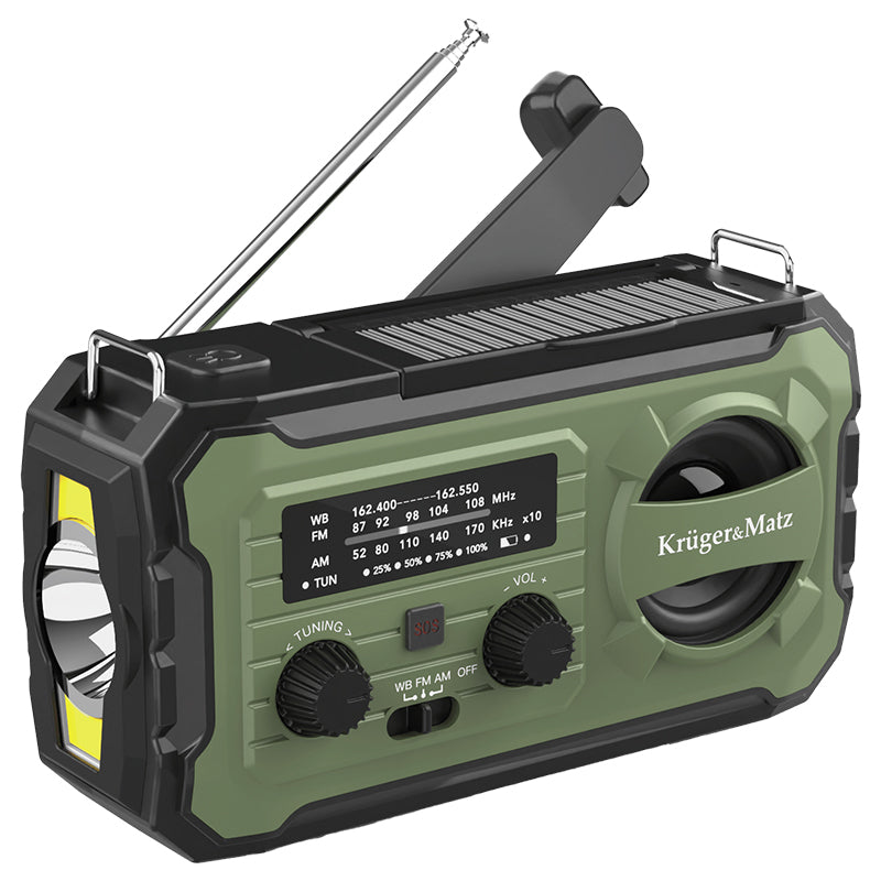 Radio Solar Multifuncțional KrugerMatz 10000mAh cu Powerbank, Dinam, Lanternă, SOS, AM FM - Camping și Urgențe, radio portabil,