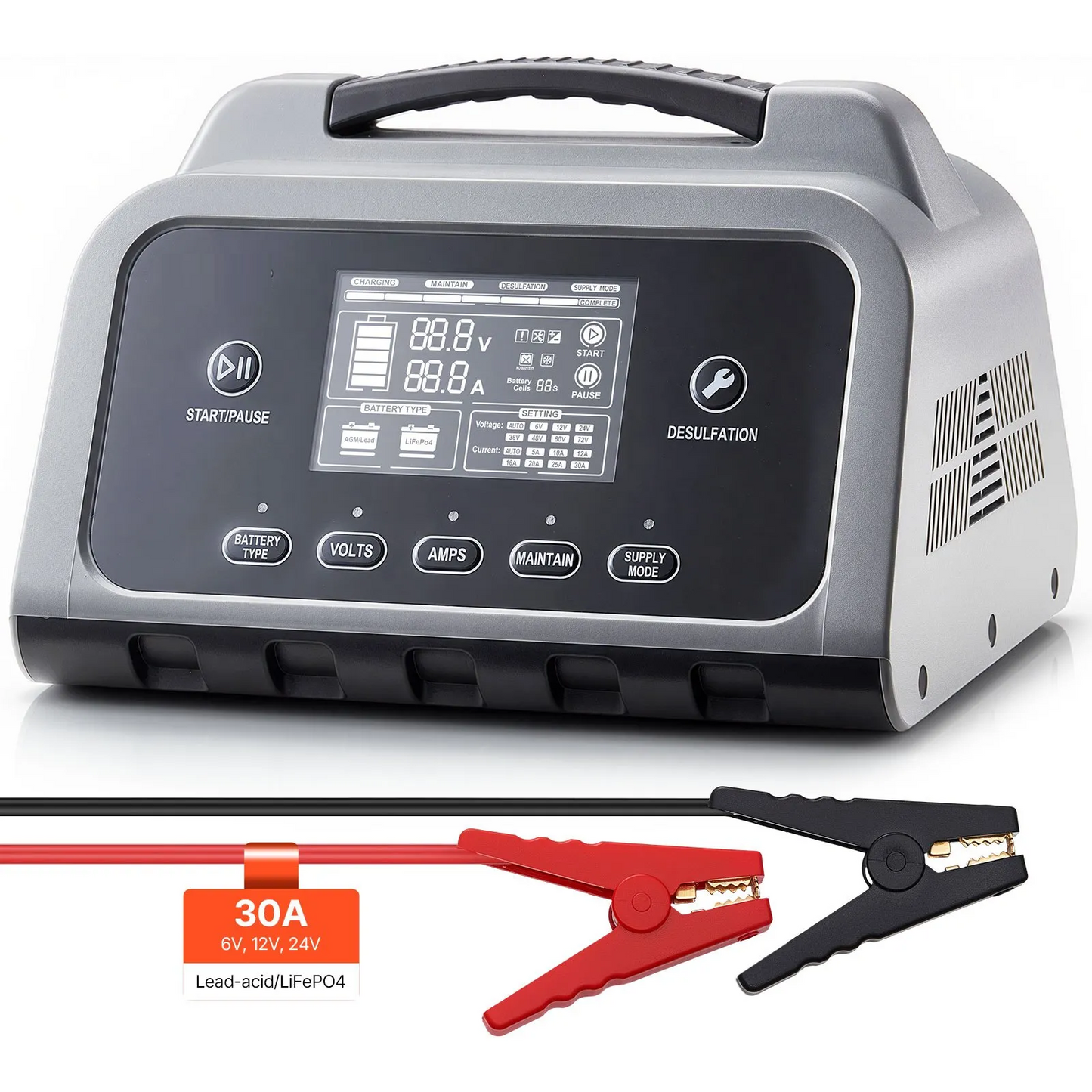 Redresor, Incarcator Inteligent Auto 30 Amperi, 6V   12V   24V pentru Baterii LiFePO4, AGM, GEL si Plumb-Acid cu LCD, Functie Desulfatare si