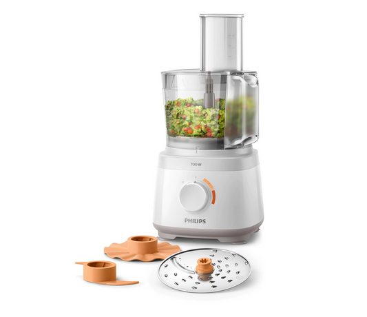 Robot de bucatarie Philips HR7310 00 Daily Collection, 700 W, 2 viteze + puls, bol 2.1 l, dispozitiv de emulsifiere, disc din inox, alb
