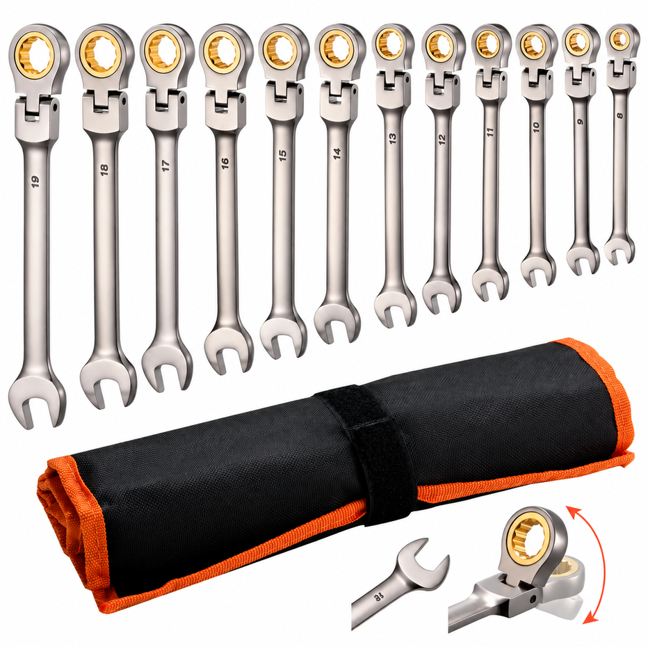 Set 12 Chei Combinate cu Clichet și Cap Flexibil 180  8-19mm, 72 Dinți, Cr-V, Husă Inclusă