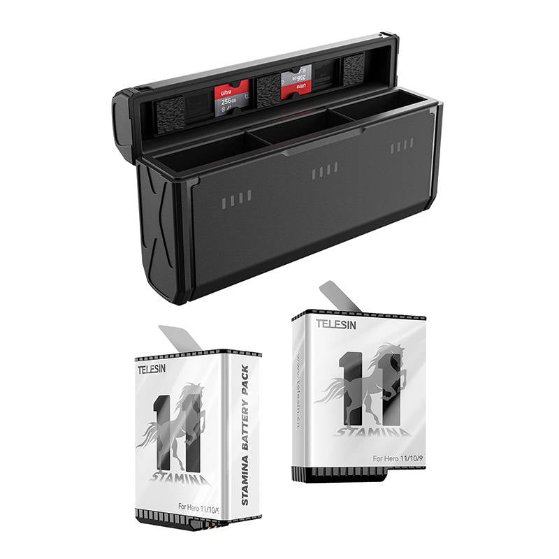 Set 2 baterii cu cutie pentru 3 baterii si card memorie pentru GoPro Hero 12   Hero 11   Hero 10   Hero 9