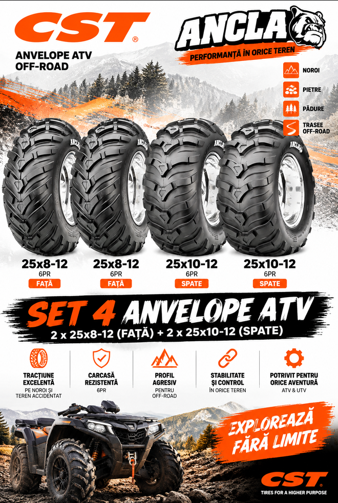 Set 4 Anvelope ATV CST Ancla 25x8-12 + 25x10-12 6PR - Față + Spate, set 4 cauciucuri atv